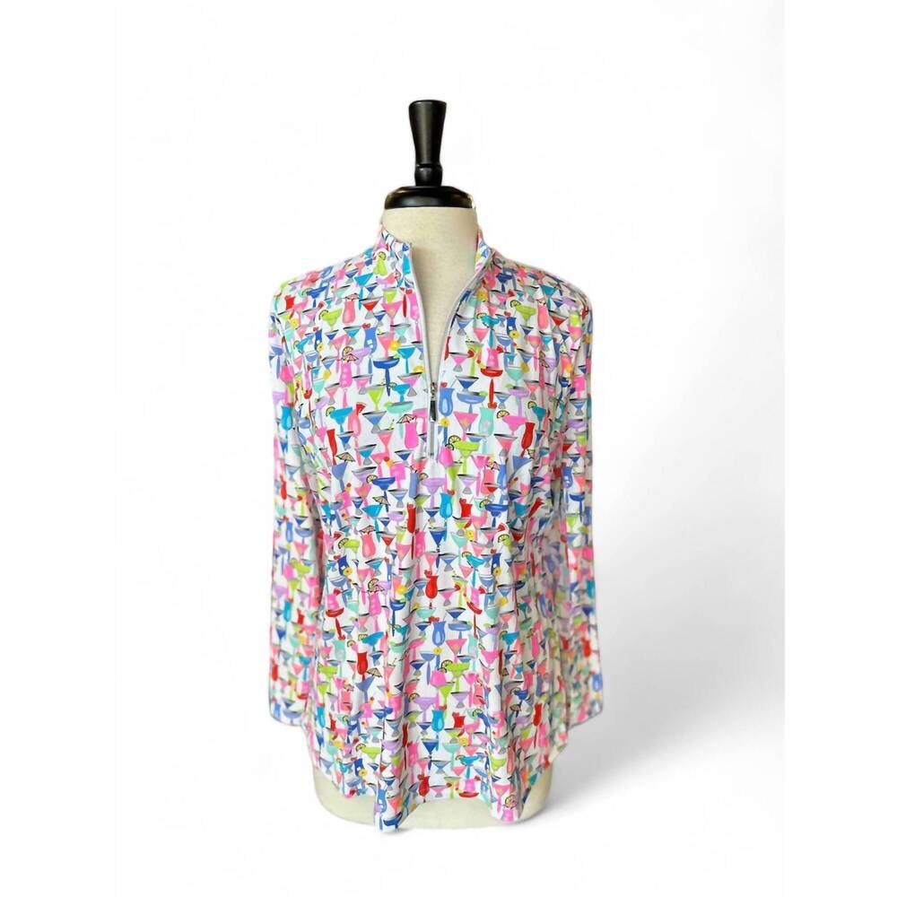 NEW BEACHTIME women's cocktails long sleeve zip neck top in multi